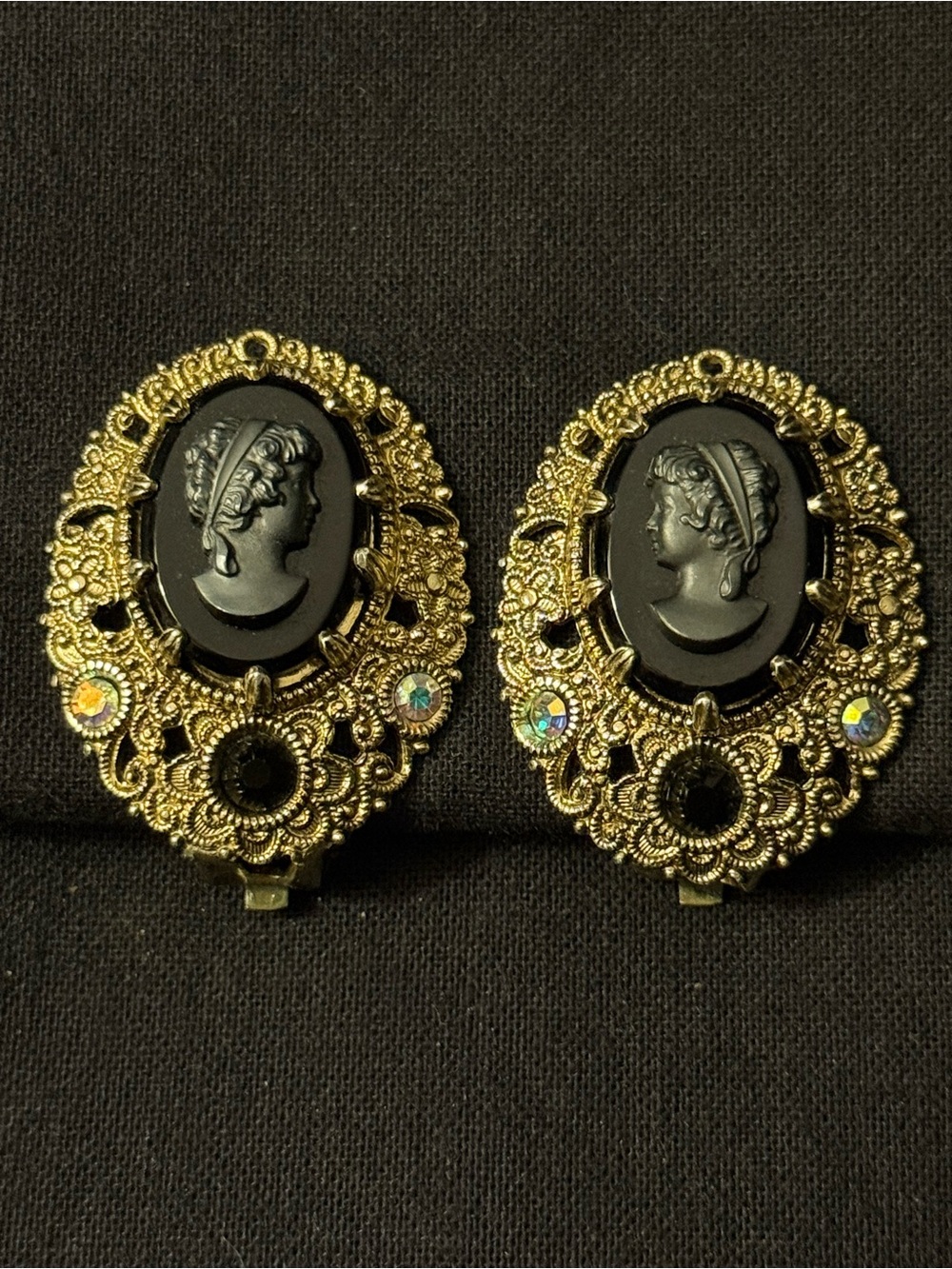 Vintage German Black Glass Cameo Earrings-Mid-Century